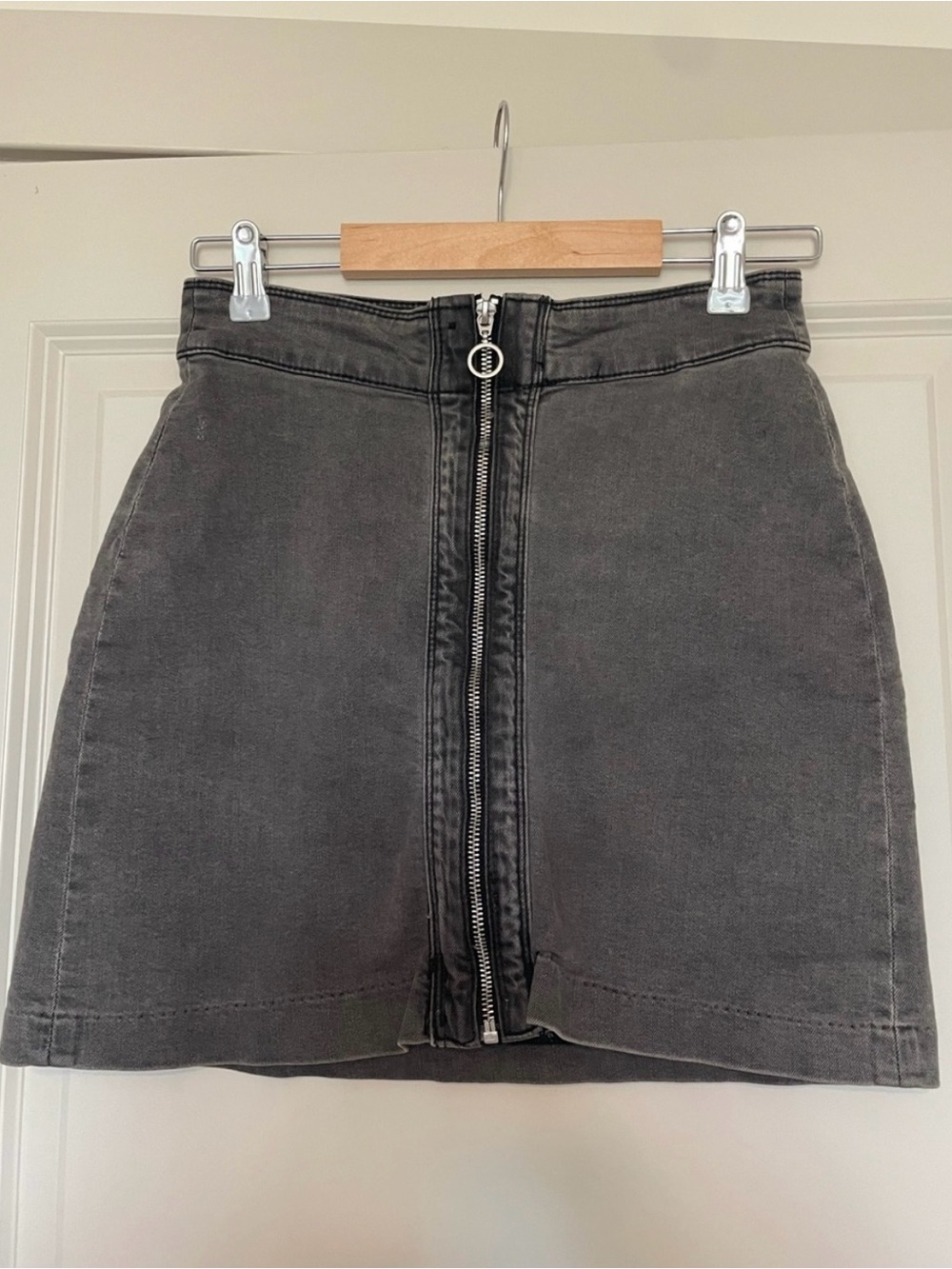 H&M Washed Gray Front-Zip Denim Mini Skirt